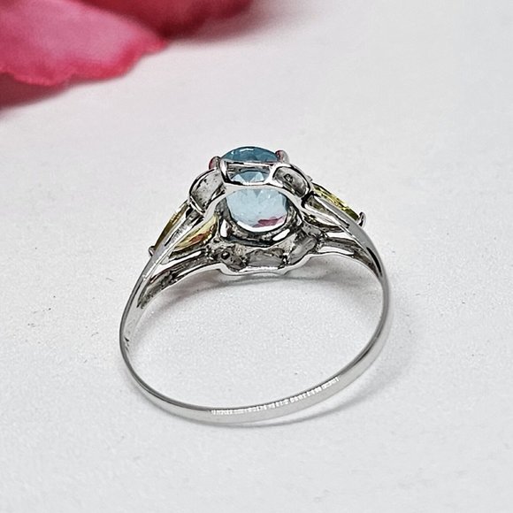 Signed YJ Blue Topaz & Peridot Gem Stones 10K White Gold Ring Size 7 - Picture 6 of 12